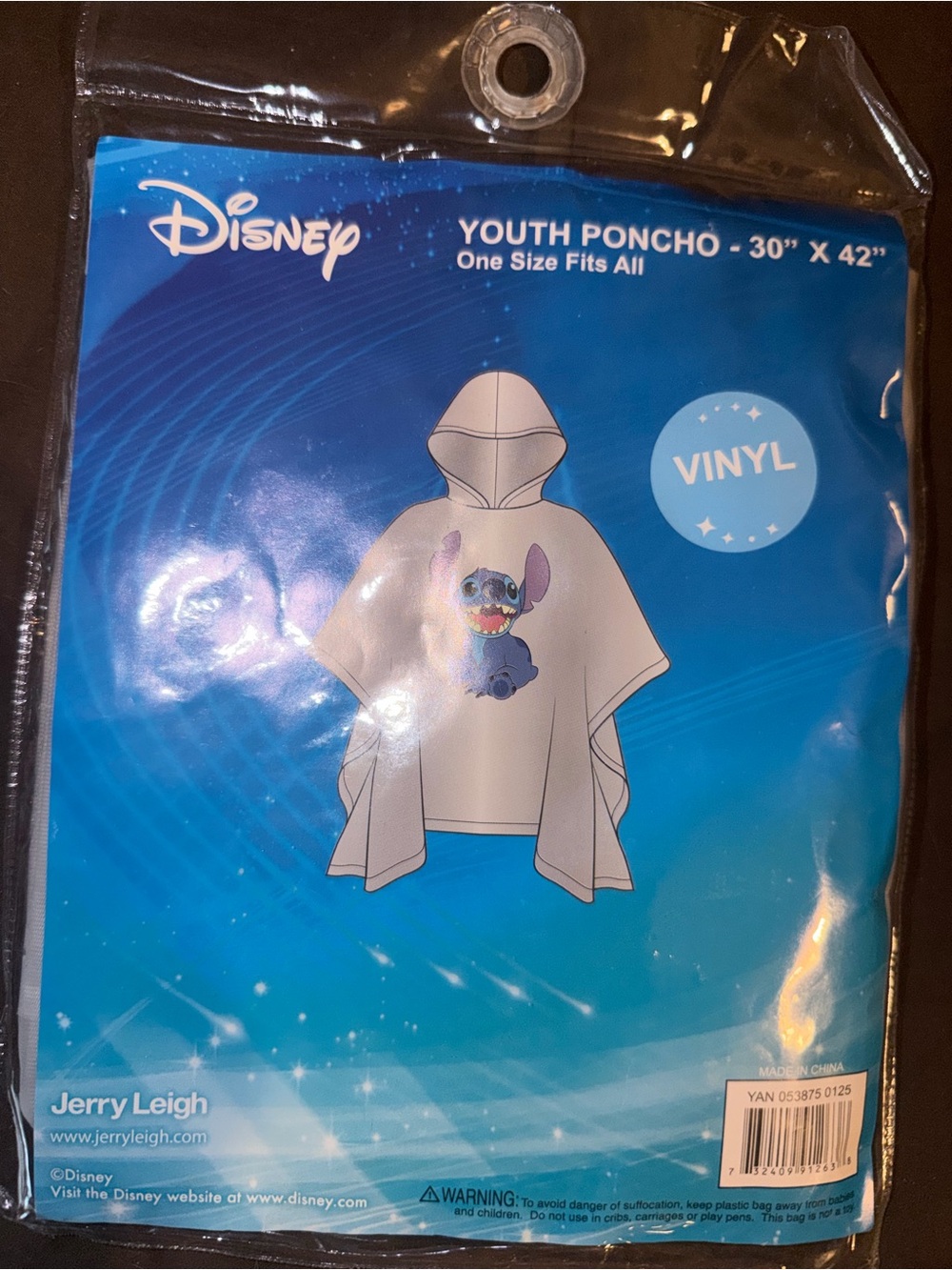 Disney White Vinyl Youth Poncho with Blue Stitch Graphic